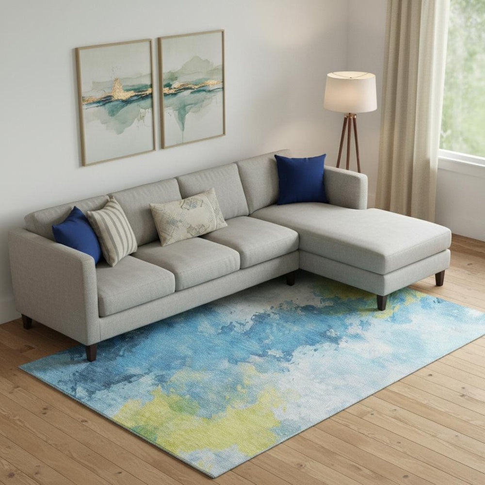 HomeRoots 10' X 14' Modern Abstract Area Rug in Blue, Yellow, Ivory – Washable, UV Protected, Stain Resistant 696770