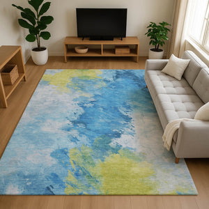HomeRoots 10' X 14' Modern Abstract Area Rug in Blue, Yellow, Ivory – Washable, UV Protected, Stain Resistant 696770