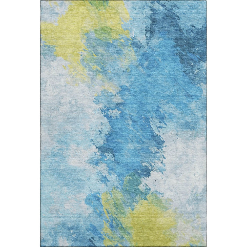 HomeRoots 10' X 14' Modern Abstract Area Rug in Blue, Yellow, Ivory – Washable, UV Protected, Stain Resistant 696770