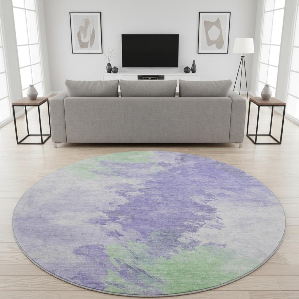 HomeRoots 8' Abstract Round Rug in Lavender, Ivory & Mint Green - Washable, UV-Protected, Durable Design 696773
