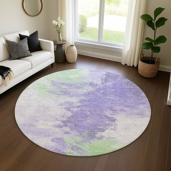 HomeRoots 8' Abstract Round Rug in Lavender, Ivory & Mint Green - Washable, UV-Protected, Durable Design 696773