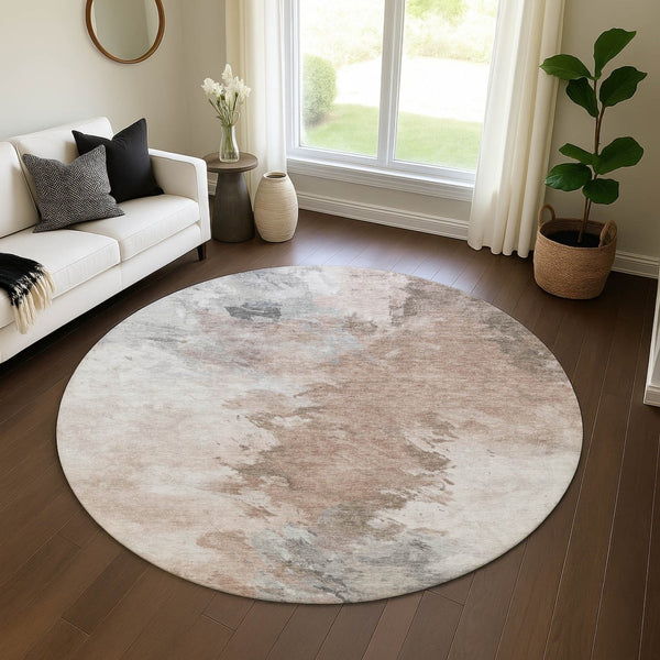 HomeRoots 8' Round Abstract Rug in Coffee, Ivory & Gray - Durable, Stain-Resistant, UV Protected for Any Space 696779
