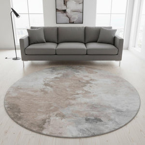 HomeRoots 8' Round Abstract Rug in Coffee, Ivory & Gray - Durable, Stain-Resistant, UV Protected for Any Space 696779