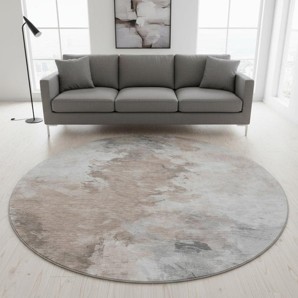 HomeRoots 8' Round Abstract Rug in Coffee, Ivory & Gray - Durable, Stain-Resistant, UV Protected for Any Space 696779