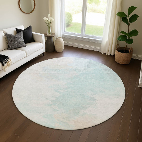HomeRoots 8' Pale Aqua Gray and Ivory Abstract Round Rug - Durable, Washable, UV Protected for High-Traffic Areas 696785