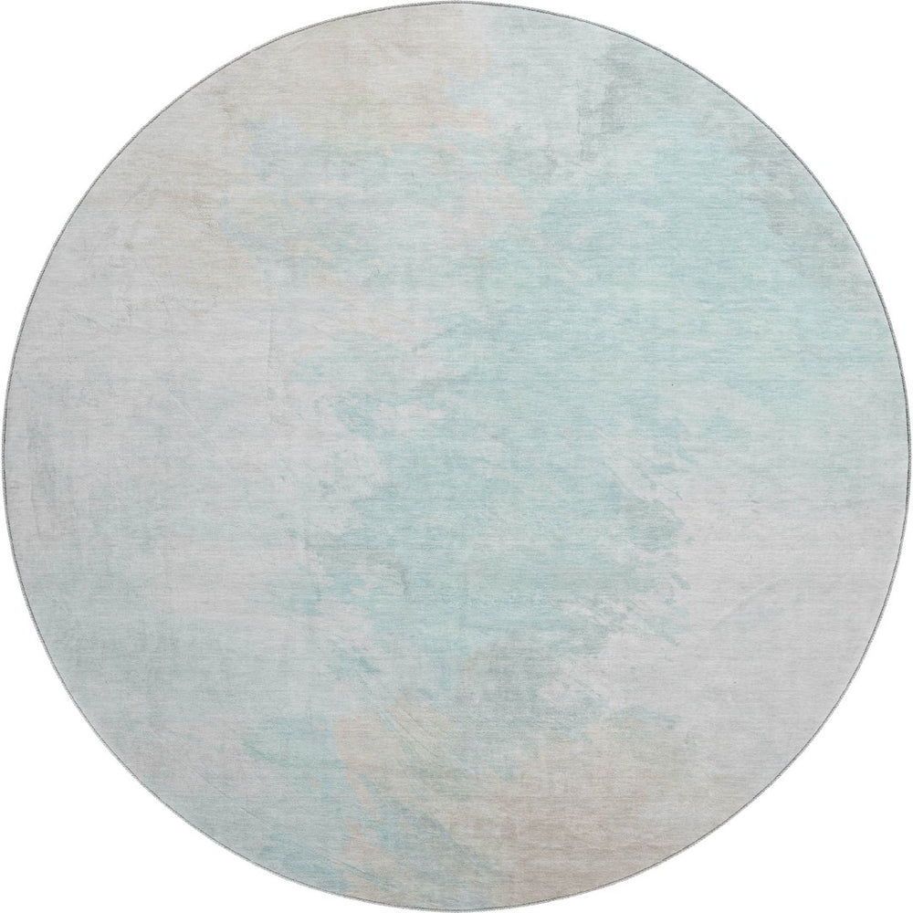 HomeRoots 8' Pale Aqua Gray and Ivory Abstract Round Rug - Durable, Washable, UV Protected for High-Traffic Areas 696785
