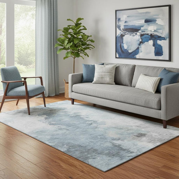 HomeRoots 5' X 8' Stylish Sky Blue, Gray & Silver Abstract Area Rug - Washable, UV Protected & Stain Resistant 696790