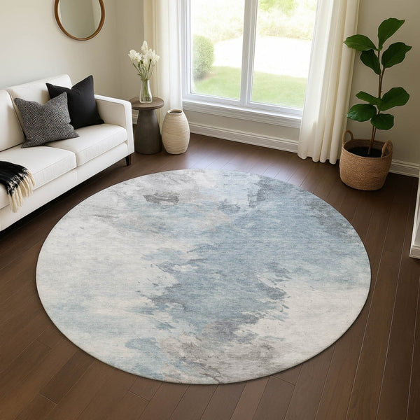 HomeRoots 8' Sky Blue Gray & Silver Abstract Washable Round Rug - UV Protected, Stain-Resistant, Non-Slip! 696791