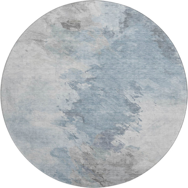 HomeRoots 8' Sky Blue Gray & Silver Abstract Washable Round Rug - UV Protected, Stain-Resistant, Non-Slip! 696791