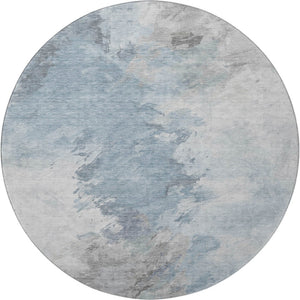HomeRoots 8' Sky Blue Gray & Silver Abstract Washable Round Rug - UV Protected, Stain-Resistant, Non-Slip! 696791