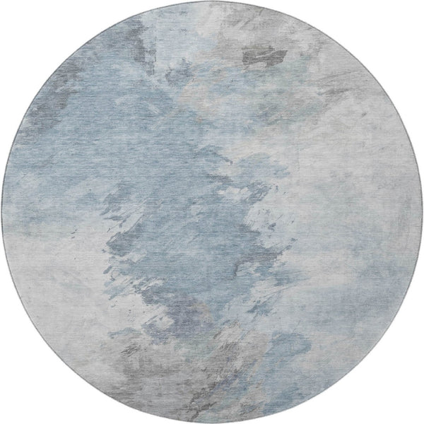 HomeRoots 8' Sky Blue Gray & Silver Abstract Washable Round Rug - UV Protected, Stain-Resistant, Non-Slip! 696791