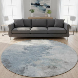 HomeRoots 8' Sky Blue Gray & Silver Abstract Washable Round Rug - UV Protected, Stain-Resistant, Non-Slip! 696791