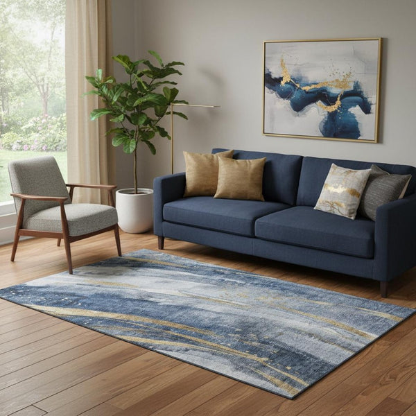 HomeRoots 5' X 8' Stylish Blue Gold Ivory Abstract Washable Area Rug with UV Protection & Non-Slip Backing 696796