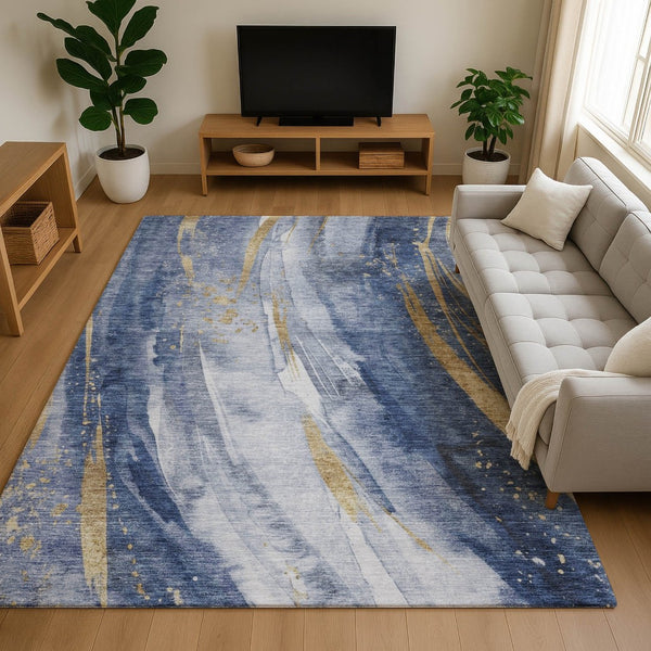 HomeRoots 5' X 8' Stylish Blue Gold Ivory Abstract Washable Area Rug with UV Protection & Non-Slip Backing 696796
