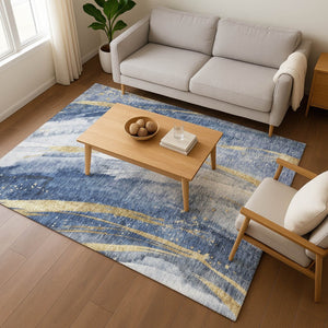 HomeRoots 5' X 8' Stylish Blue Gold Ivory Abstract Washable Area Rug with UV Protection & Non-Slip Backing 696796