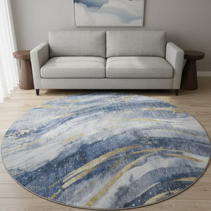 HomeRoots 8' Abstract Washable Round Rug in Blue, Gold & Ivory - UV Protection, Stain Resistant, Modern Design 696797