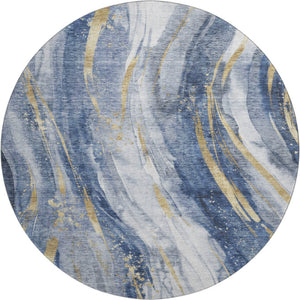 HomeRoots 8' Abstract Washable Round Rug in Blue, Gold & Ivory - UV Protection, Stain Resistant, Modern Design 696797