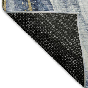HomeRoots 8' Abstract Washable Round Rug in Blue, Gold & Ivory - UV Protection, Stain Resistant, Modern Design 696797