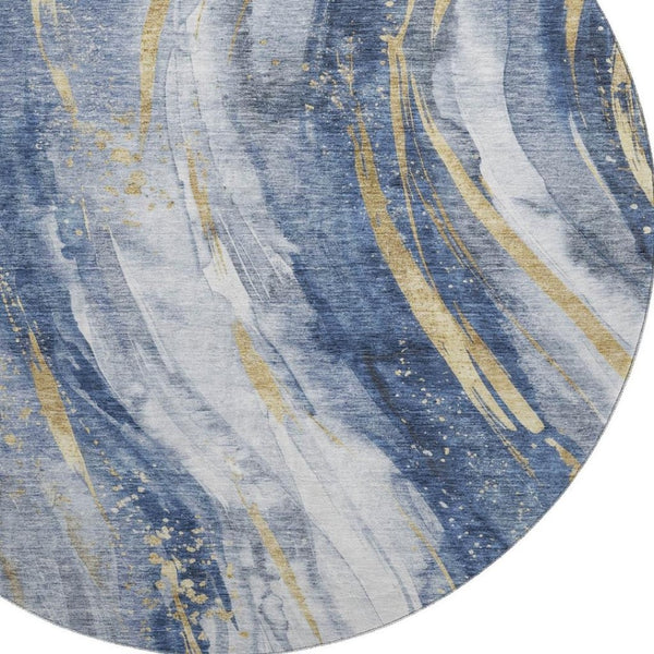 HomeRoots 8' Abstract Washable Round Rug in Blue, Gold & Ivory - UV Protection, Stain Resistant, Modern Design 696797
