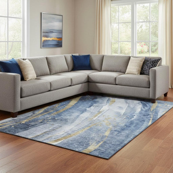 HomeRoots 8' x 10' Modern Blue Gold Ivory Abstract Washable Area Rug with UV Protection for High-Traffic Spaces 696798