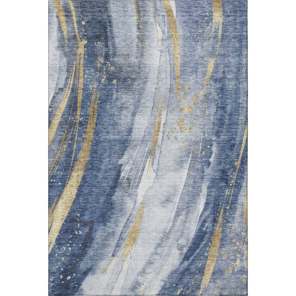 HomeRoots 8' x 10' Modern Blue Gold Ivory Abstract Washable Area Rug with UV Protection for High-Traffic Spaces 696798