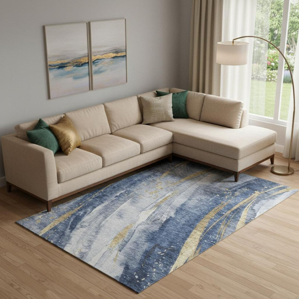 HomeRoots 9' X 12' Abstract Area Rug in Blue, Gold & Ivory - Washable, UV-Protected, Stain-Resistant Design! 696799
