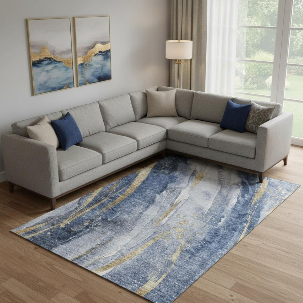 HomeRoots 10' Modern Abstract Area Rug in Blue, Gold & Ivory - Durable, Washable & UV-Protected for Homes 696800