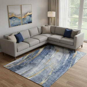 HomeRoots 10' Modern Abstract Area Rug in Blue, Gold & Ivory - Durable, Washable & UV-Protected for Homes 696800