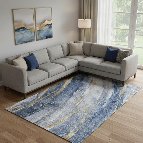 HomeRoots 10' Modern Abstract Area Rug in Blue, Gold & Ivory - Durable, Washable & UV-Protected for Homes 696800