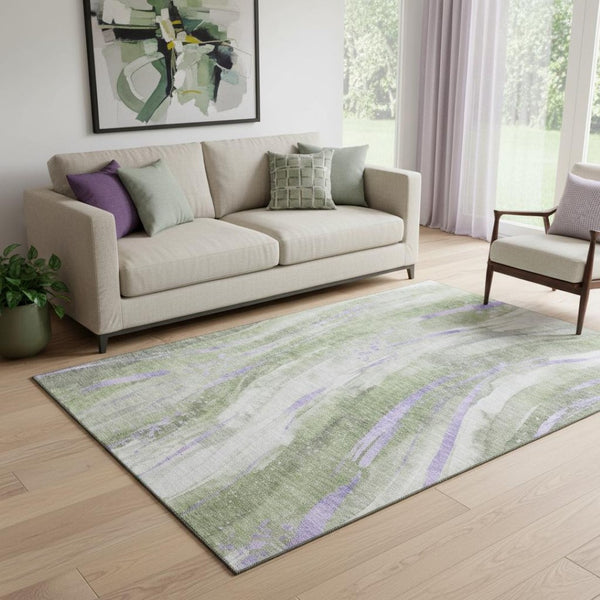 HomeRoots 5' X 8' Olive Green, Lavender & Ivory Abstract Area Rug - Washable, UV Protected & Non-Slip Backing 696802