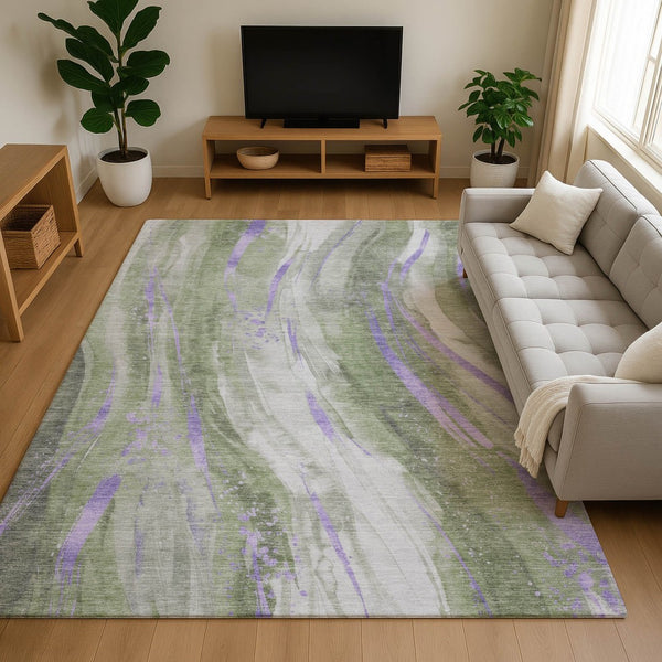 HomeRoots 5' X 8' Olive Green, Lavender & Ivory Abstract Area Rug - Washable, UV Protected & Non-Slip Backing 696802