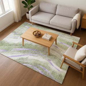 HomeRoots 5' X 8' Olive Green, Lavender & Ivory Abstract Area Rug - Washable, UV Protected & Non-Slip Backing 696802