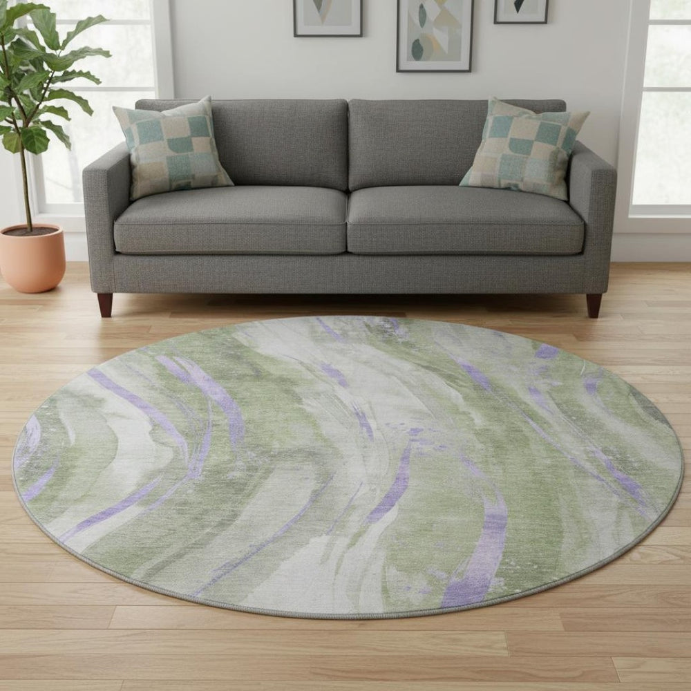 HomeRoots 8' Olive Green Lavender Abstract Round Washable Rug - UV Protected, Stain Resistant, Stylish & Durable 696803