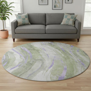 HomeRoots 8' Olive Green Lavender Abstract Round Washable Rug - UV Protected, Stain Resistant, Stylish & Durable 696803