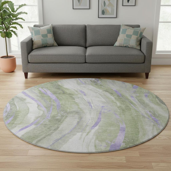 HomeRoots 8' Olive Green Lavender Abstract Round Washable Rug - UV Protected, Stain Resistant, Stylish & Durable 696803