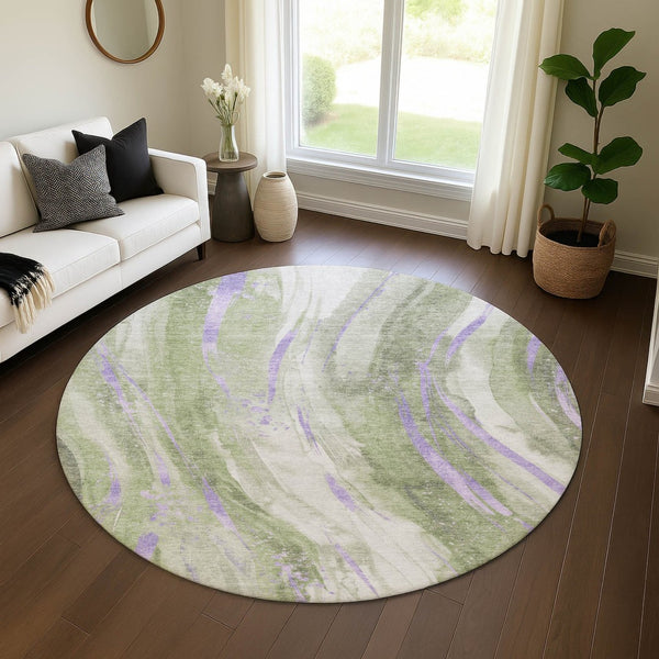 HomeRoots 8' Olive Green Lavender Abstract Round Washable Rug - UV Protected, Stain Resistant, Stylish & Durable 696803