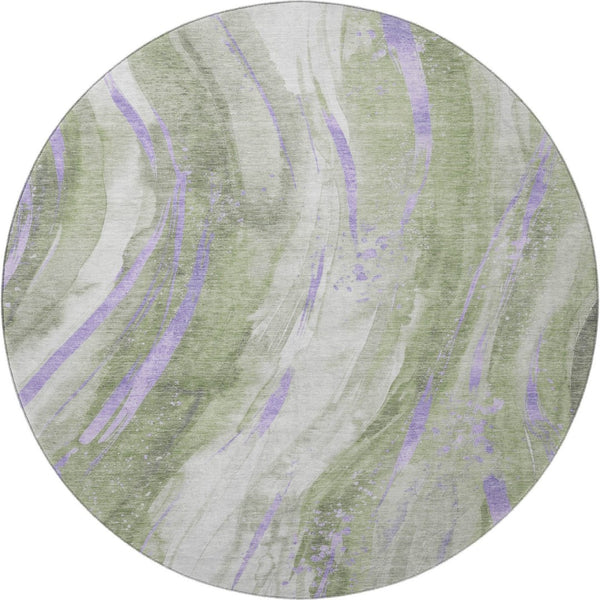 HomeRoots 8' Olive Green Lavender Abstract Round Washable Rug - UV Protected, Stain Resistant, Stylish & Durable 696803