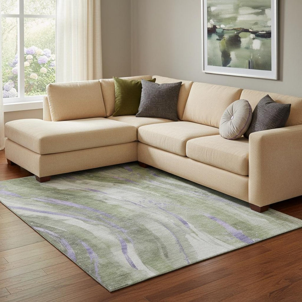 HomeRoots 8' X 10' Contemporary Olive Green, Lavender & Ivory Abstract Washable Area Rug with UV Protection 696804