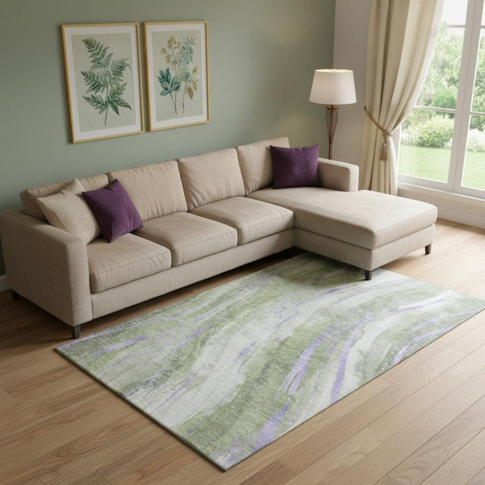 HomeRoots 9' X 12' Olive Green Lavender Ivory Abstract Rug - Washable, UV Protected, Durable & Stylish Design 696805