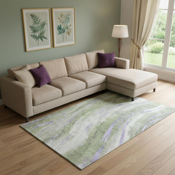 HomeRoots 9' X 12' Olive Green Lavender Ivory Abstract Rug - Washable, UV Protected, Durable & Stylish Design 696805