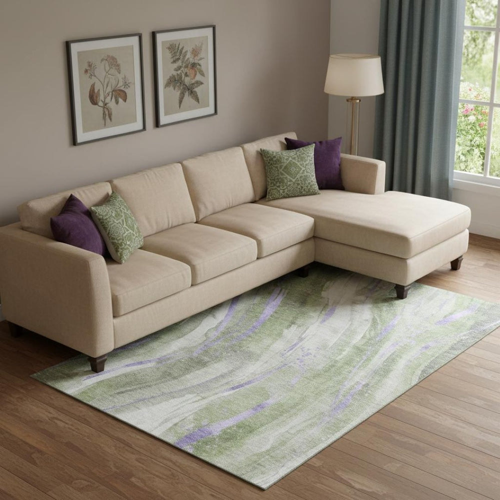 HomeRoots 10' X 14' Abstract Area Rug in Olive Green, Lavender, Ivory - Washable, Stain Resistant, UV-Protected 696806