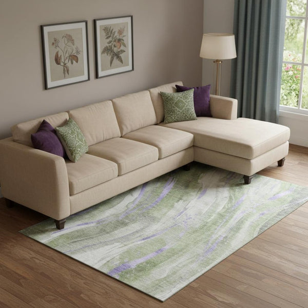 HomeRoots 10' X 14' Abstract Area Rug in Olive Green, Lavender, Ivory - Washable, Stain Resistant, UV-Protected 696806