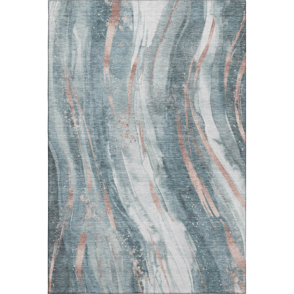 HomeRoots 5' X 8' Washable Teal Peach Ivory Abstract Area Rug – UV Protected, Stain Resistant, Durable Design 696808