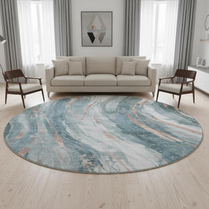 HomeRoots 8' Teal Peach Ivory Abstract Washable Round Rug - UV Protected, Stain Resistant, Durable Design 696809