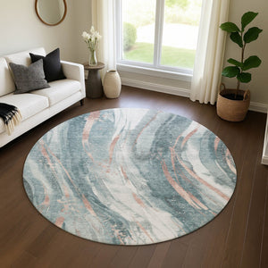 HomeRoots 8' Teal Peach Ivory Abstract Washable Round Rug - UV Protected, Stain Resistant, Durable Design 696809