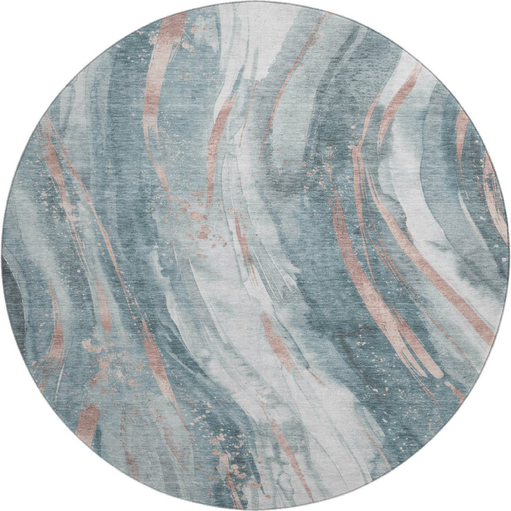HomeRoots 8' Teal Peach Ivory Abstract Washable Round Rug - UV Protected, Stain Resistant, Durable Design 696809