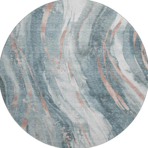 HomeRoots 8' Teal Peach Ivory Abstract Washable Round Rug - UV Protected, Stain Resistant, Durable Design 696809