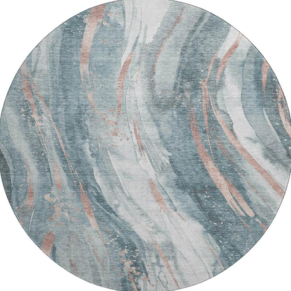 HomeRoots 8' Teal Peach Ivory Abstract Washable Round Rug - UV Protected, Stain Resistant, Durable Design 696809