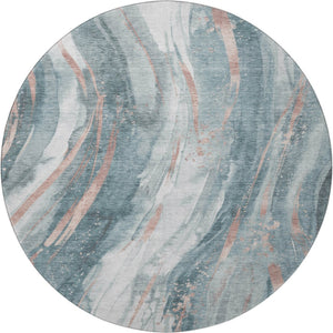 HomeRoots 8' Teal Peach Ivory Abstract Washable Round Rug - UV Protected, Stain Resistant, Durable Design 696809