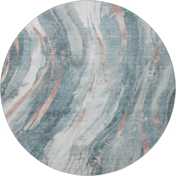 HomeRoots 8' Teal Peach Ivory Abstract Washable Round Rug - UV Protected, Stain Resistant, Durable Design 696809
